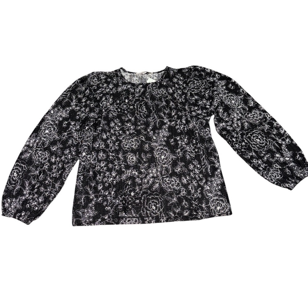 LOFT Floral Black & White Monochrome Long Sleeve Blouse Size Medium nwt